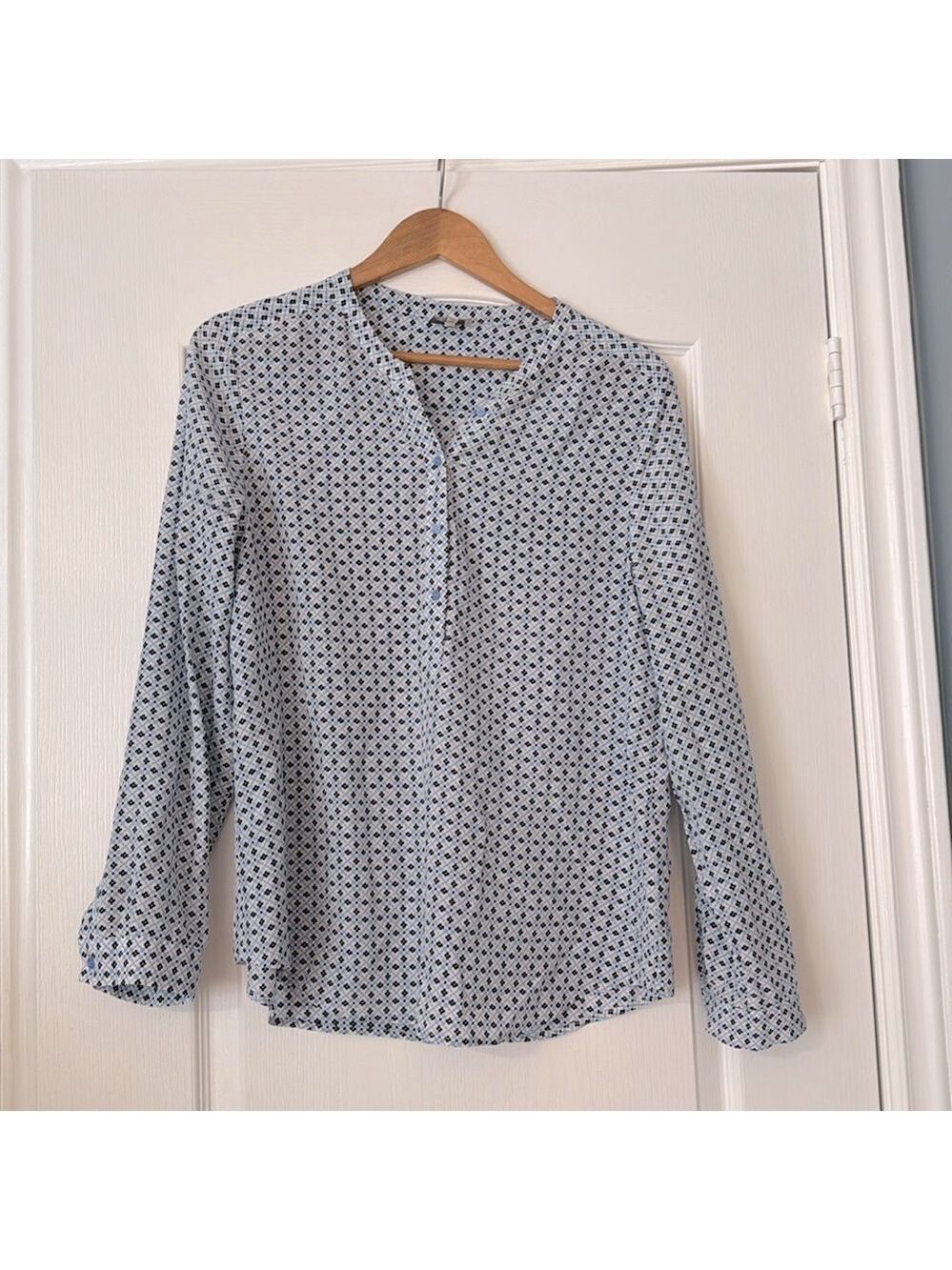 Joie Silk Navy and Light Blue Geometric Long Sleeve Blouse Size Large
